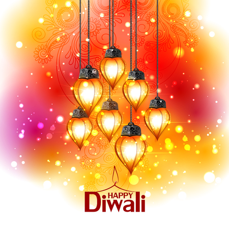 Illustration of decorated diya for Happy Diwali holiday backgroundのイラスト素材
