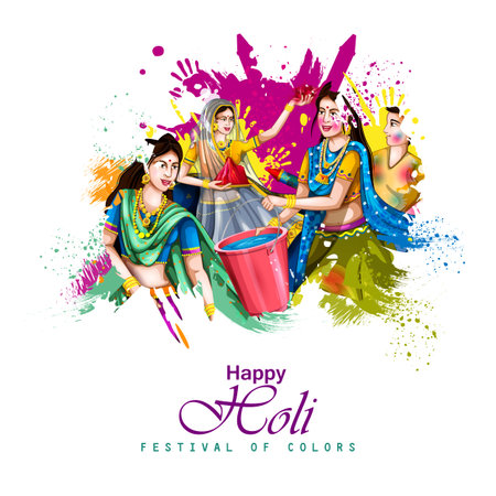 vector illustration of Indian people playing colorful Happy Hoil background for festival of colors in Indiaのイラスト素材