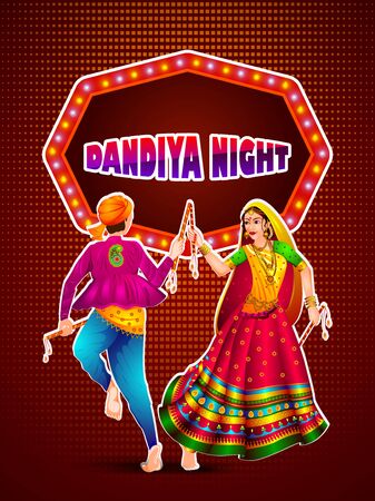 Indian people dancing Garba dance for Dandiya Disco Night event on Navratri Dussehra festival of Indiaのイラスト素材
