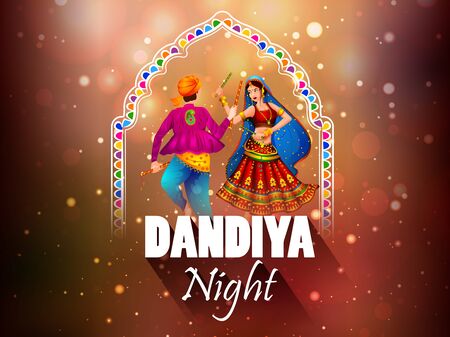 Indian people dancing Garba dance for Dandiya Disco Night event on Navratri Dussehra festival of Indiaのイラスト素材