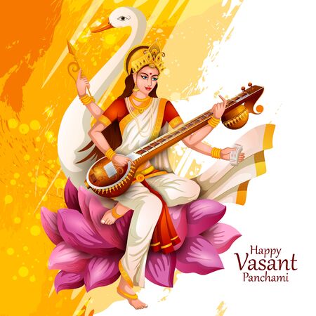illustration of Goddess Saraswati for Vasant Panchami Puja of Indiaのイラスト素材