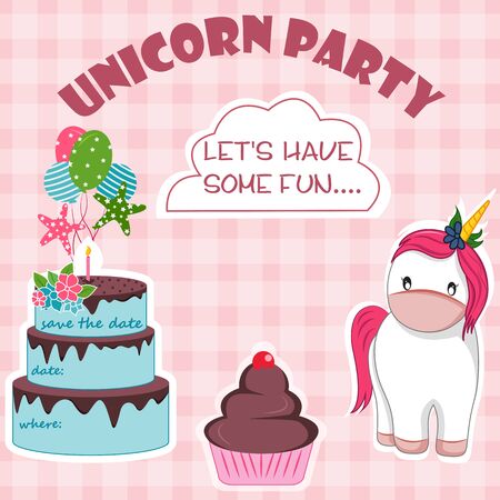 vector illustration of colorful trendy fairy tale unicorn invitation card template background for Birthdayのイラスト素材