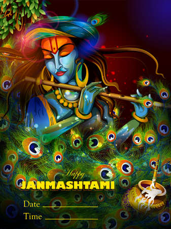 easy to edit vector illustration of Lord Krishna playing flute on Happy Janmashtami holiday Indian festival greeting backgroundのイラスト素材