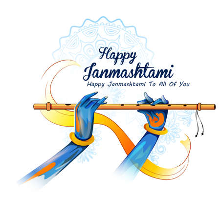 easy to edit vector illustration of Lord Krishna playing flute on Happy Janmashtami holiday Indian festival greeting backgroundのイラスト素材