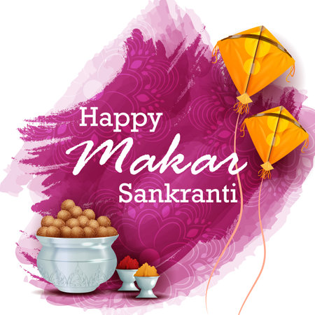 easy to edit vector illustration of Happy Makar Sankranti background with colorful kiteのイラスト素材