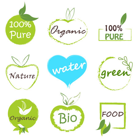Symbol of recycle, organic, ecofriendly, pure, green, bio and agro natural tag for packaging and labellingのイラスト素材