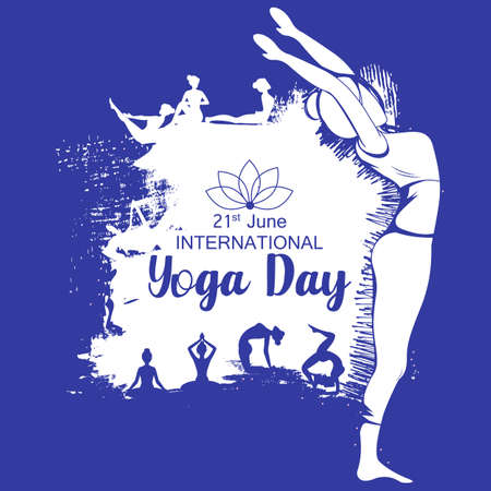 illustration of women doing asana exercise for International Yoga Day celebration on 21 Juneのイラスト素材