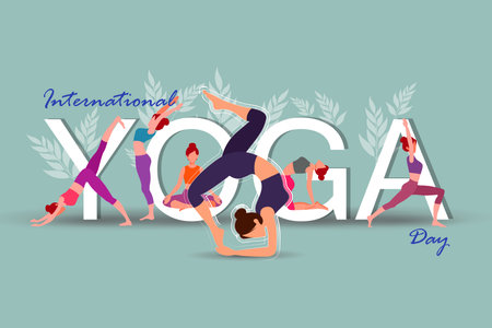 illustration of women doing asana exercise for International Yoga Day celebration on 21 Juneのイラスト素材