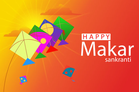 easy to edit vector illustration of Happy Makar Sankranti background with colorful kiteのイラスト素材