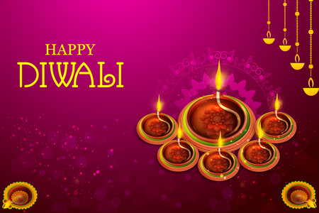 easy to edit vector illustration of decorated diya for Happy Diwali holiday Hindu festival of India backgroundのイラスト素材