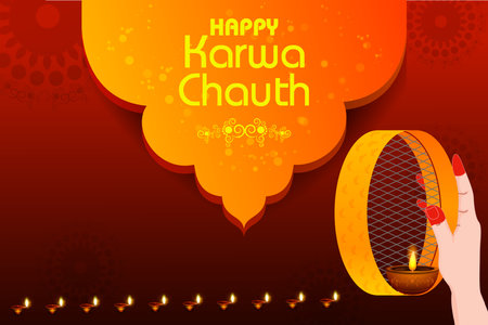 easy to edit vector illustration of Indian festival background Karva Chauth celebrated by Hindu womenのイラスト素材