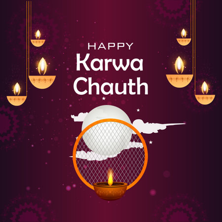 easy to edit vector illustration of Indian festival background Karva Chauth celebrated by Hindu womenのイラスト素材