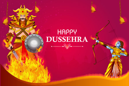 easy to edit vector illustration of Rama killing Ravana on Happy Dussehra background showing festival of Indiaのイラスト素材