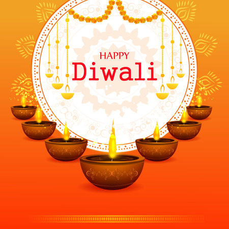 easy to edit vector illustration of decorated diya for Happy Diwali holiday Hindu festival of India backgroundのイラスト素材