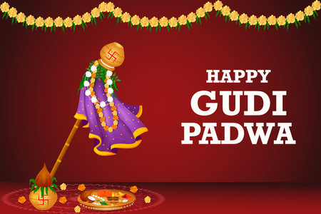 easy to edit vector illustration of Gudhi Padwa spring festival for traditional New Year for Marathi and Konkani Hindus celebrated in Maharashtra and Goaのイラスト素材
