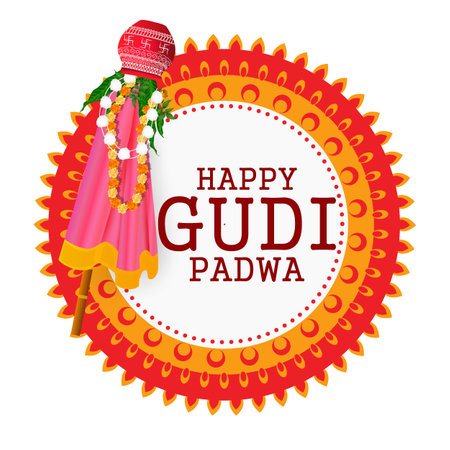 easy to edit vector illustration of Gudhi Padwa spring festival for traditional New Year for Marathi and Konkani Hindus celebrated in Maharashtra and Goaのイラスト素材
