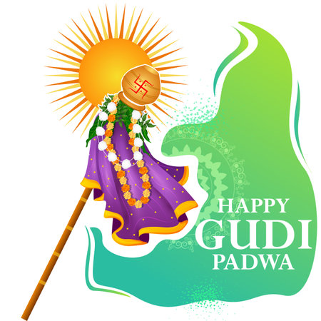 easy to edit vector illustration of Gudhi Padwa spring festival for traditional New Year for Marathi and Konkani Hindus celebrated in Maharashtra and Goaのイラスト素材