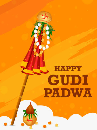 easy to edit vector illustration of Gudhi Padwa spring festival for traditional New Year for Marathi and Konkani Hindus celebrated in Maharashtra and Goaのイラスト素材