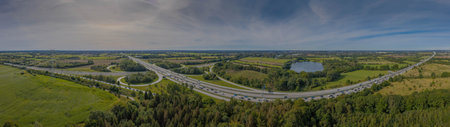Aerial view on Autobahn A7 in Rendsburg, Kiel Canal, Schleswig-Holstein, Germany.の写真素材