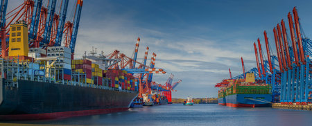 Aerial view on container terminal, Hamburg, Germany, Europe.