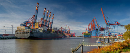 Aerial view on container terminal, Hamburg, Germany, Europe.