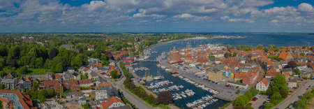 Panorama aerial view of port town EckernfÃ¶rde popular tourist destination on the coast of the Baltic Sea in northern Germany, Rendsburg-EckernfÃ¶rde, Schleswig-Holstein.の写真素材