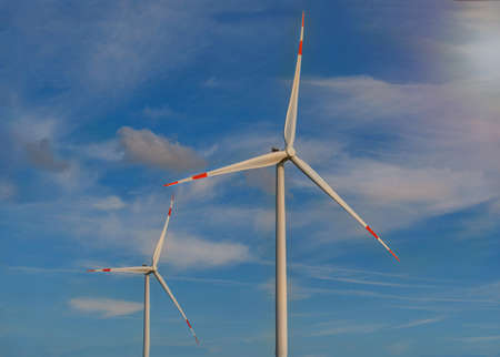 Wind turbine on sky background. Wind turbine close up. Wind turbine against sky.の写真素材