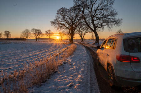 Car on the road in winter.の写真素材