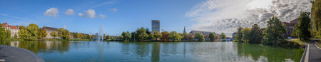 Panoramic view of Kleiner Kiel with Kiel skyline in amazing summer atmosphere. Fantastic summer mood over Kleiner Kiel.の写真素材