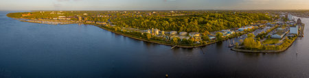 Panorama aerial view Flensburger FÃ¶rde with sewage treatment plant and Murwik Naval School at Flensburg , Schleswig-Holstein, Germany.の写真素材