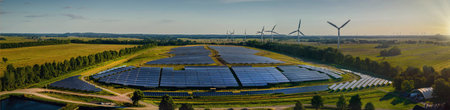Aerial view of solar panels and wind turbines in a field.の写真素材