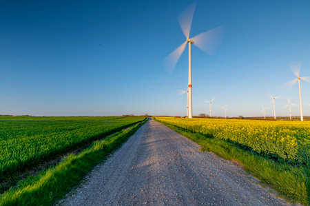 The road through a landscape of wheat and rapeseed fields with a group of wind turbines that tower majestically over the rapeseed field, spinning rapidly in the wind. Country roadの写真素材