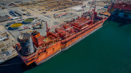 Tanker and oil rig in port for maintenance work. Oil tanker and offshore oilrig in port. Business petroleum fuel and gas transport by tanker ship vesselの写真素材