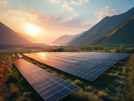 Environmentally friendly installation of photovoltaic power plant situated in the mountains. Renewable energy source. Alternative energy sources. Clean energy industry.の写真素材