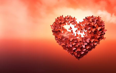 Heart shaped frame of red butterflies. Fluttering butterflies in the heart formation. Valentine's day.の写真素材