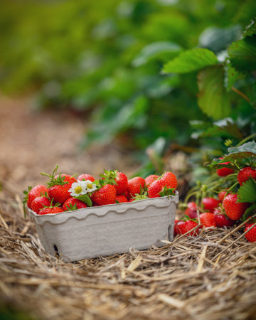 Cardboard carton filled with freshly picked strawberries, placed on a bed of straw in the middle of a lush strawberry field.の写真素材