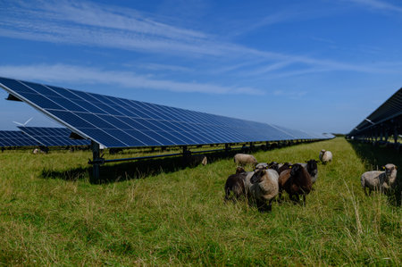 Sheeps standing next to a field of solar panels at a windmill in the distance. Agrivoltaics concept that involves the shared use of land for solar parks and sheep grazing.の写真素材