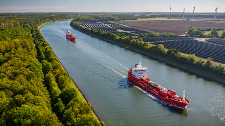 Tanker transporting fossil fuels along waterway, sailing past canal bordered by solar farm. Traditional and modern energy. Concept of transition from fossil fuels to renewable energyの写真素材