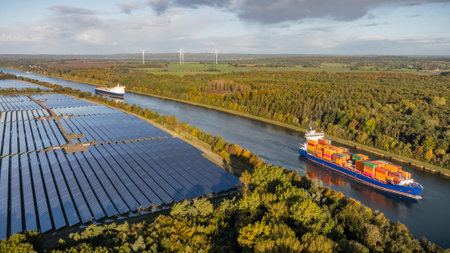 Container ship and car ferry navigate the Kiel Canal alongside vast solar panel fields and wind...