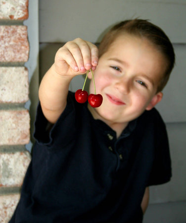 Boy holding out nice red cherries for you to seeの写真素材