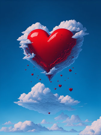 Red heart in the clouds. Valentine's day background. 3D renderingの素材