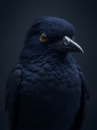 Close-up portrait of a raven on a dark background, studio shotの素材