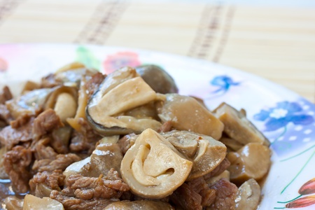 Stir-fried mushrooms with meatの写真素材