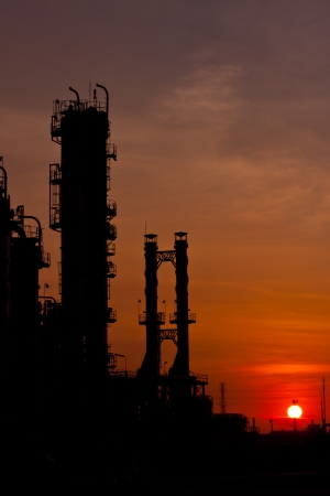 petrochemical plant in silhouette image at sun setのeditorial素材