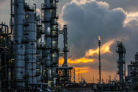 petrochemical plant in sunsetの写真素材