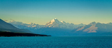 A view of Mount Cook at sunset from the shore at Lake Pukaki, Mackenzie Basin, South Island, New...