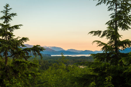 A view of the Douglas Channel at Kitimat from Coghlin Park at sunset, Kitimat, British Columbia