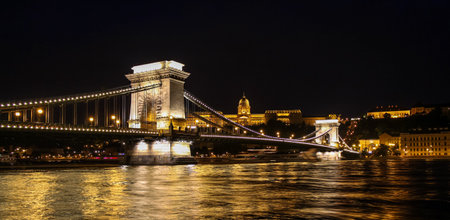 Long exposure of SzÃ©chenyi Chain Bridge, Buda Castle and the Danube River at night in summer,...