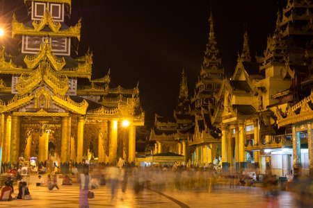 Yangon, Myanmar - December 18th 2017: Long exposure of inside the Shwedagon Pagoda at night, Yangon, Myanmarのeditorial素材