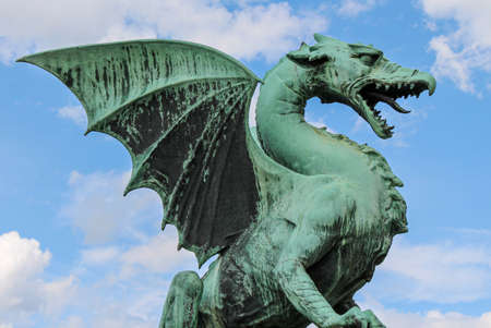 Ljubljana, Slovenia - July 16th 2018: The Dragon statue at Dragon Bridge in old Medieval Ljubljana, Sloveniaのeditorial素材